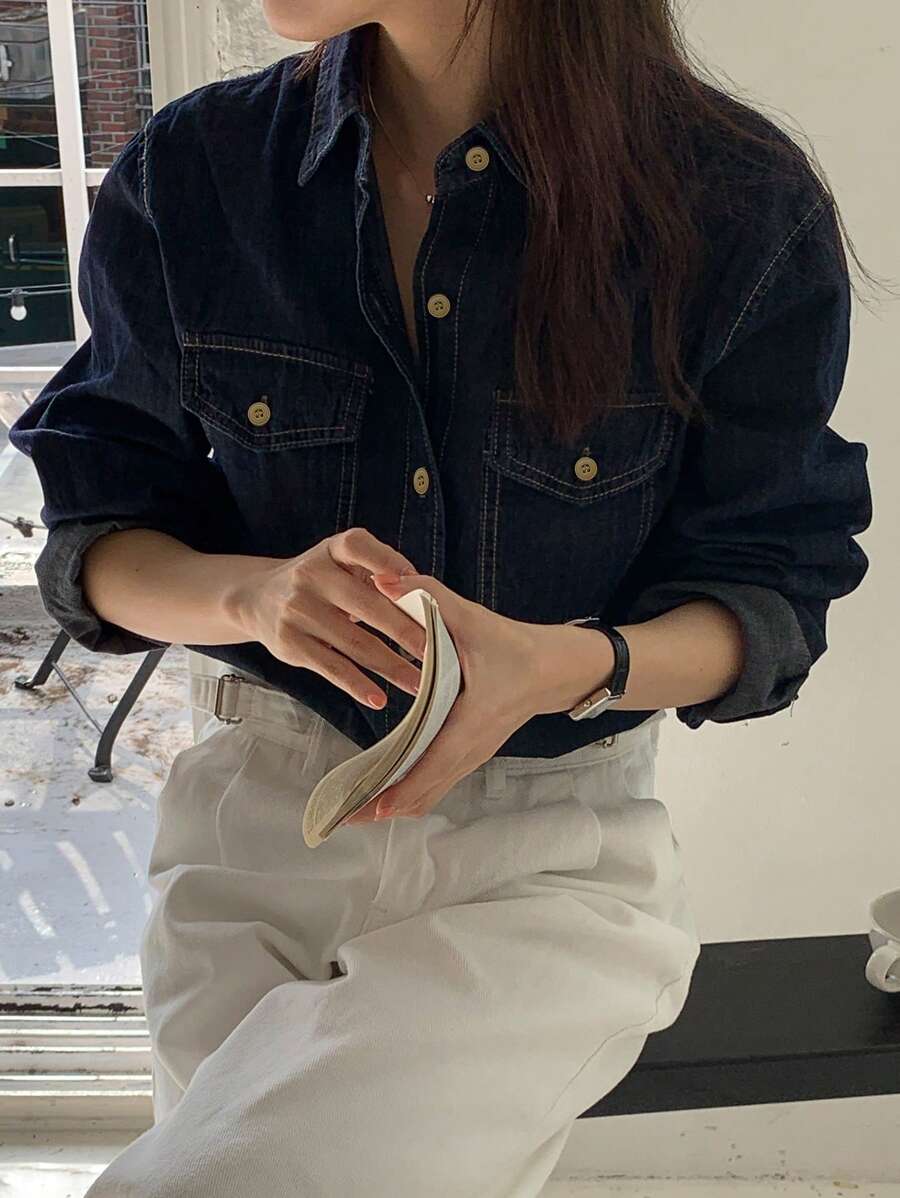 DAZY 1pc Women Loose Pocketed Lapel Casual Denim Blouse Shirt,Fall Clothes,Jeans Jacket Long Sleeve Women