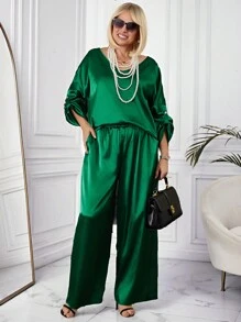 EMERY ROSE 2pcs Plus Size Women V-Neck Roll Sleeve Blouse & Pants Set