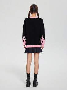 Teen Girl Street Style Flaming Rose Graphic Knit Pullover Sweater, Fashionable For Outing, Party, Photo Shoot - Multicolor - View 2