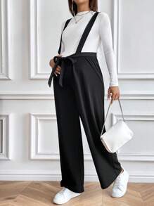 SHEIN Black Bowknot Waist Elastic Adjustable Maternity Jumpsuit - Black - View 6