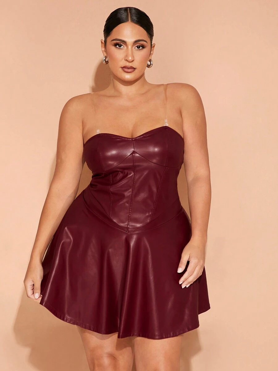 SHEIN BAE 大码女式纯色 PU 皮革荷叶边下摆露肩连衣裙，适合新年、圣诞节、生日派对场合 - 酒紅色 - 查看 1