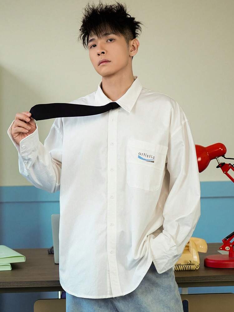 Men's Casual Letter Print Long Sleeve Shirt, Autumn