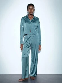 SHEIN Maija 新品秋冬季返校、节日派对和休闲时尚都市女士灰蓝色水钻装饰衬衫 - 灰色 - 查看 3