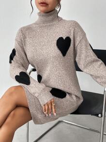 SHEIN Clasi 女士高领长袖心形提花毛衣连衣裙 - 彩色 - 查看 6