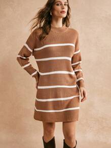 Poéselle Striped Pattern Drop Shoulder Jumper Dress Without Belt - Camel - View 6