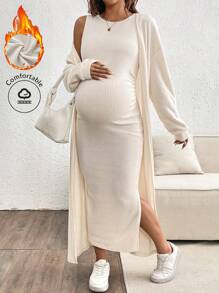 SHEIN 2pcs Maternity Solid Ribbed Round Neck Sleeveless Split Dress & Pants Elegant Set - Apricot - View 3