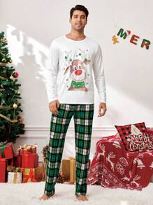 CoupledUp Christmas Couples Funny Cartoon Elk & Green/White Plaid Pattern Men Pajama Set - Green - View 6
