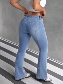 SHEIN EZwear 女式口袋喇叭休闲百搭牛仔裤 - 藍色 - 查看 2