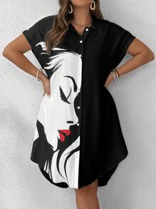 SHEIN LUNE Stil cămașă Portret de buze roșii și profil, cu nasturi, cu mânecă scurtă, guler, contrast, rochie de mărime mare, pentru vară