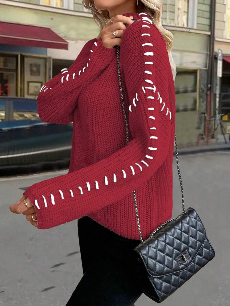 SHEIN LUNE Nowy sweter z długim rękawem i półgolfem na jesień/zimę, luźny i swobodny, z charakterystycznym wzorem