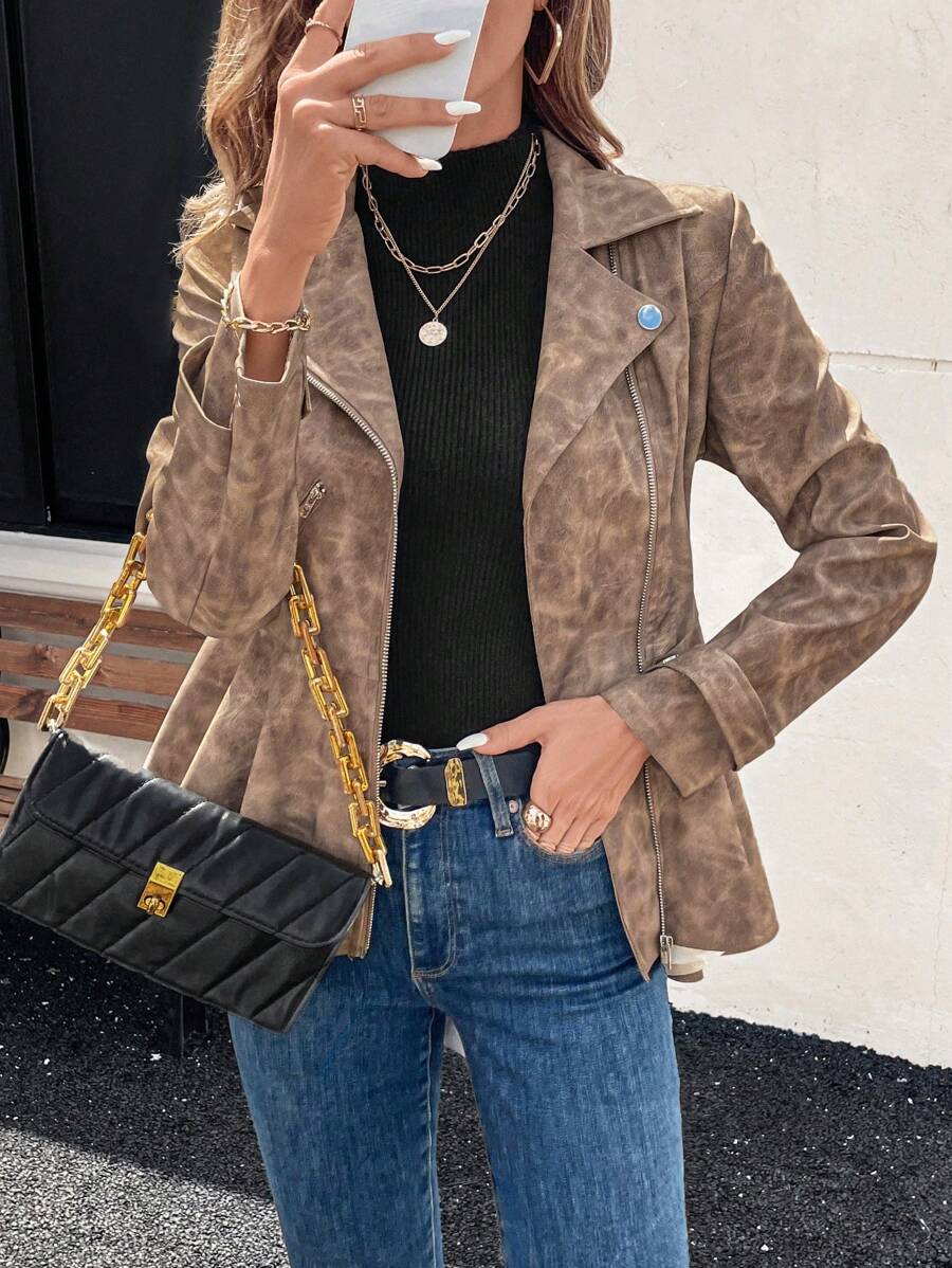 SHEIN Clasi Women's Autumn Vintage Distressed Asymmetric Hem Cinched Waist Jacket - Brown - View 1