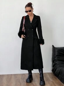 Flirla 1pc Women's Full Length Slim Fit Coat With Fluffy Cuffs, Black - Black - View 1