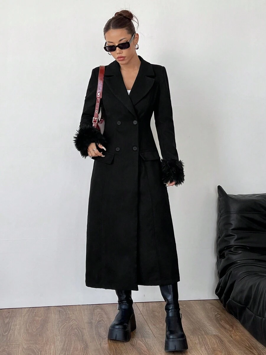Flirla 1pc Women's Full Length Slim Fit Coat With Fluffy Cuffs, Black - Black - View 1