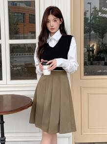 DAZY Women Casual Solid Color Pleated Skirt, Autumn/Winter - Brown - View 9