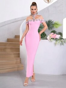 Modphy 新款女款黑色露肩性感重工奢華鑽飾緊身長版繃帶洋裝，婚禮伴娘禮服，正式晚宴派對洋裝 - 粉色 - 查看 1