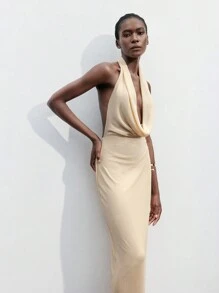 SHEIN Maija 都市现代优雅日常派对正式香槟色女士围脖领中长无袖紧身性感连衣裙，秋冬系列 - 香檳色 - 查看 5