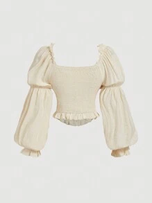 SHEIN MOD Women Solid Color Ruffle Puff Sleeve Blouse,Long Sleeve Tops