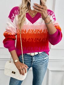 Chiquease Multi-Color Patchwork V-Neck Lantern Sleeve Thick Warm Pullover Sweater For Women Knit Pullover Fall Winter Outfit - Multicolor - View 4