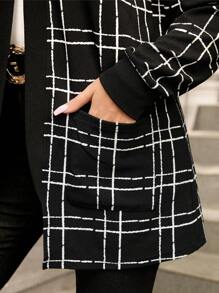 SHEIN Clasi 大码女式格子长袖口袋休闲长夹克，秋冬 - 黑與白 - 查看 5