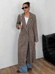 SHEIN Unity Casual Autumn/Winter Fleece Plaid Long Loose Double-Breasted Open Split Overcoat For Women - Coffee Brown - View 6