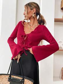 SHEIN VCAY Camiseta de manga larga con textura de punto acanalado roja para mujer, uso para ir al trabajo, estilo minimalista, con decoración de lazo - Rojo - Ver 5
