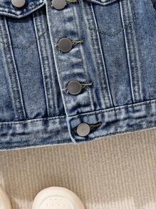 SHEIN Playful Pals 男婴中号水洗牛仔夹克，带刺绣熊补丁，经典休闲设计 - 深色水洗藍 - 查看 5