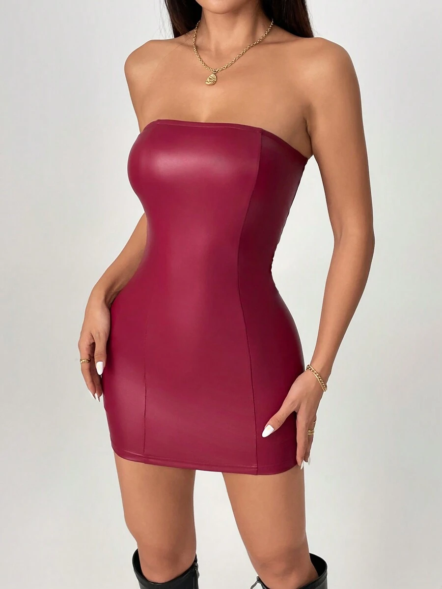 SHEIN EZwear Váy hở lưng PU cỡ lớn cho kỳ nghỉ xuân/hè, lễ hội - Màu Đỏ Sâu - Xem 1