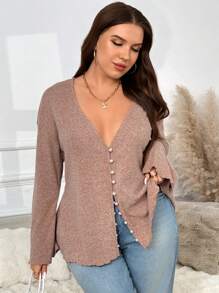 SHEIN Frenchy Plus Size Faux Pearl Button Deep V-Neck Long-Sleeved Knitted Cardigan Spring - Khaki - View 4