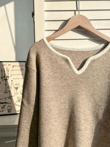 Flirla 大码女式V领撞色宽松针织衫，长袖套头衫，适合秋冬季穿着 - 灰色 - 查看 5