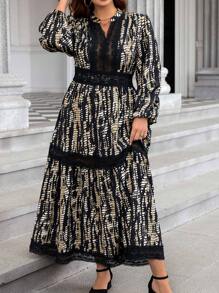 SHEIN LUNE 大码秋季时尚蕾丝拼布印花长裙大码秋季服装女装 - 彩色 - 查看 3