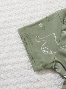 3pcs Baby Boys Outfit Set, Includes Dinosaur Print Romper, Flannel Jacket And Matching Pants, Comfortable, Practical And Fashionable For All Seasons