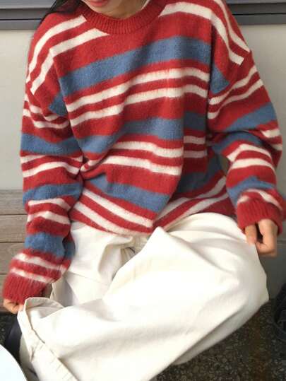 Suéter holgado de punto con bloque de color a rayas arcoíris, ropa de mujer para Navidad y otoño