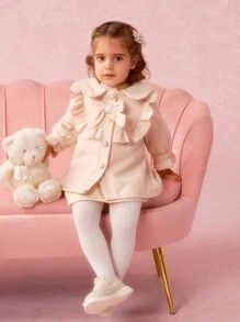SHEIN Baby Girls' Stand Collar Bowknot Decor Long Woolen Coat For Formal Occasions In Fall And Winter - Apricot - View 5