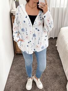 SHEIN LUNE Plus Size Women Floral Print Zipper Front Hoodie Jacket, Casual Autumn Plus Size Fall Clothes - White - View 7
