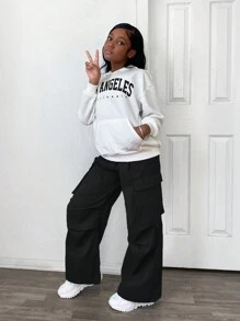 SHEIN Leap Crew 2 件/套 Tween 女童字母印花连帽衫，带口袋和宽松裤子，休闲装