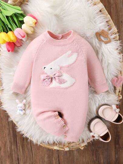 SHEIN Vintaside Kids Mono de punto de manga larga y cuello redondo para bebé niña, cómodo y cálido para otoño/invierno, rosa y rosa claro, con diseño de conejo y lazo, elegante y de moda, adecuado para uso diario, hogar, salidas y viajes