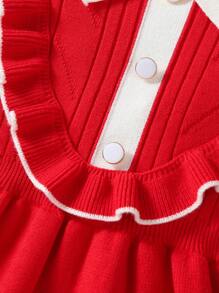 SHEIN Elladie kids Baby Girl Colorblock Collar Long Sleeve Ruffle Hem Cute Sweater Dress, Autumn/Winter - Red - View 4