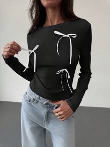 Aloruh Crew Neck Long Sleeve Basic Tee With Bow Ribbon Decor, For Autumn/Winter
