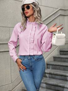 SHEIN LUNE 1 件女式前扣荷叶边条纹休闲衬衫，长袖简约日常穿着女式衬衫 - 粉色 - 查看 4