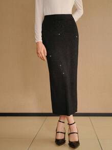 MOTF PREMIUM 纯色水钻开衩后背毛衣裙 - 黑色 - 查看 4