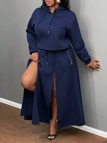 Slaydiva 2pcs Plus Size Women Sports Style Solid Color Long Sleeve Hoodie And Split Hem A-Line Skirt Set