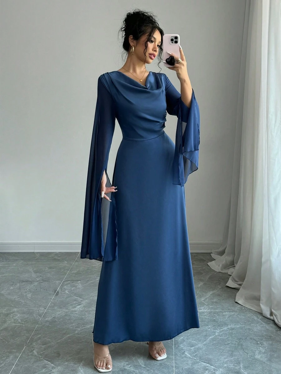 Rafferiza 1 件束腰长袖纯色优雅迷人连衣裙长款缎面女装 - 藍色 - 查看 1