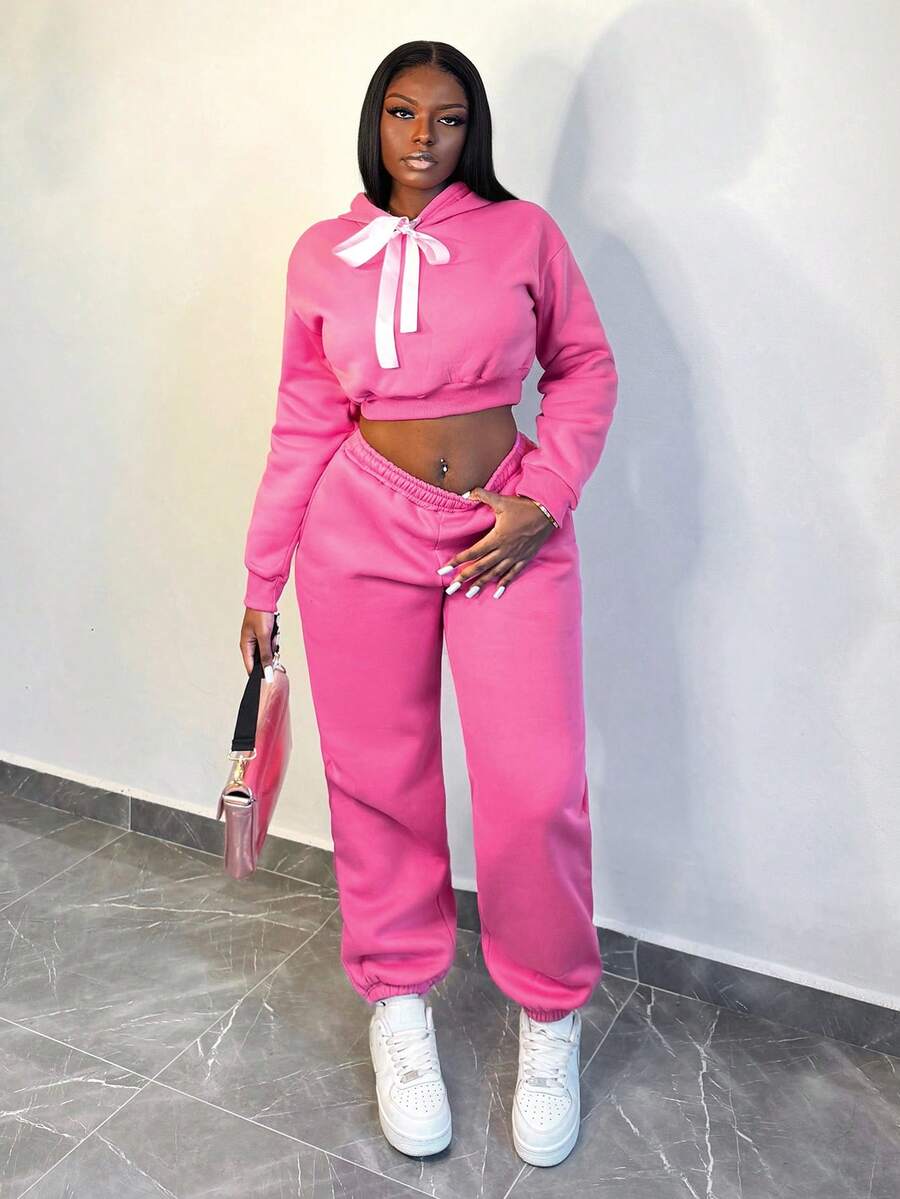 BamGleam 女士休闲日常抽绳连帽运动衫和运动裤套装，秋季 - 粉色 - 查看 1