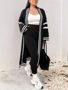 Elenzga Cárdigan largo informal de talla grande con bloques de color y rayas, otoño/invierno - Negro - Ver 3