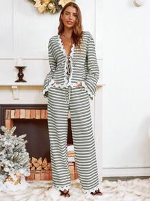 SHEIN VCAY Set de 2 piezas de mujer con top de raya y cinta de onda contrastante con nudo adelante y pantalón recto holgado, para primavera y otoño