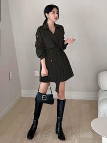DAZY Solid Color Lapel Belt Women Trench Coat,Fall Clothes Women Jacket - Black - View 4