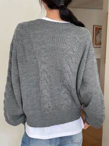 DAZY 1 pieza Suéter suelto de mujer de unicolor con patrón de cable, de cuello en V, de manga larga, ropa de otoño - Gris Oscuro - Ver 2