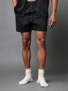 SUMWON 奢华夏季男士真丝纽扣短袖衬衫短裤家居服套装睡衣度假睡衣睡衣舒适 - 黑色 - 查看 4