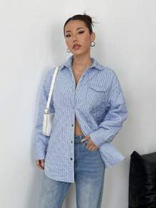 SHEIN Unity 条纹休闲宽松夹棉常规夹克，秋冬 - 藍色 - 查看 6