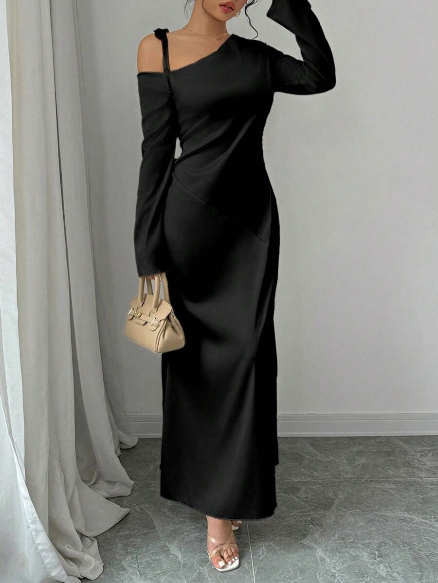 Elenzga 优雅时尚的不对称领口长袖连衣裙，奶油色 - 黑色 - 查看 1